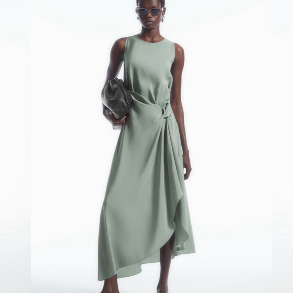 NWOT- COS Knotted Wrap-Front Midi Dress, Light Green, Size 14 - MSRP $135.00